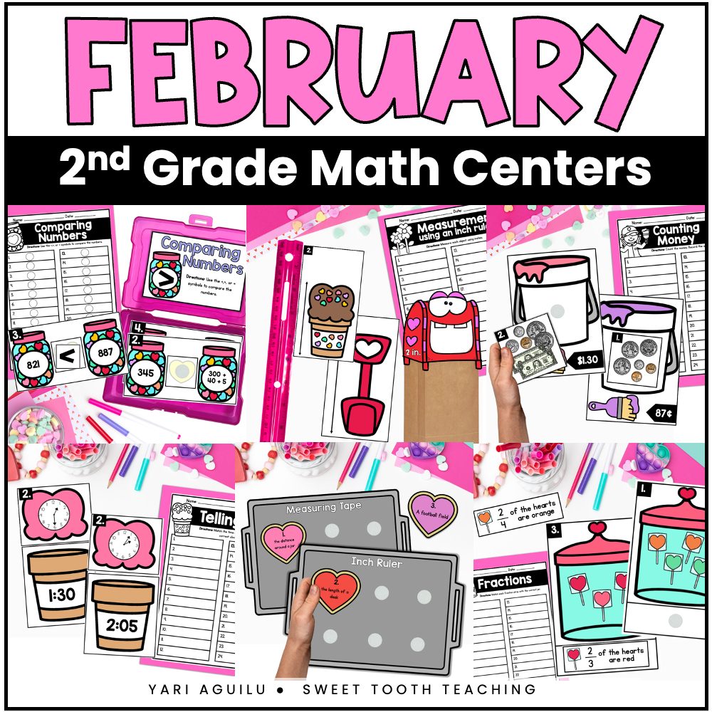 Image featuring different Valentine's Day themed math centers for 2nd grade