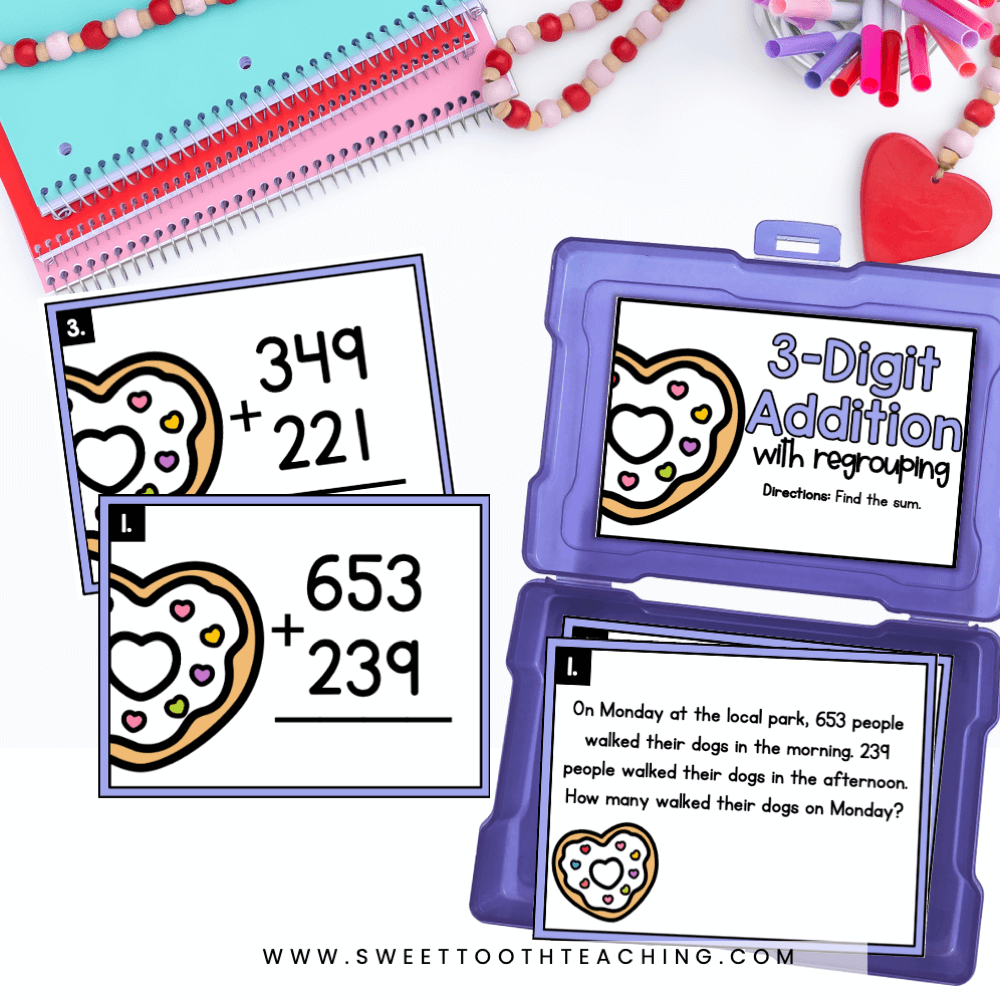 3-Digit Addition with regrouping valentine math activity