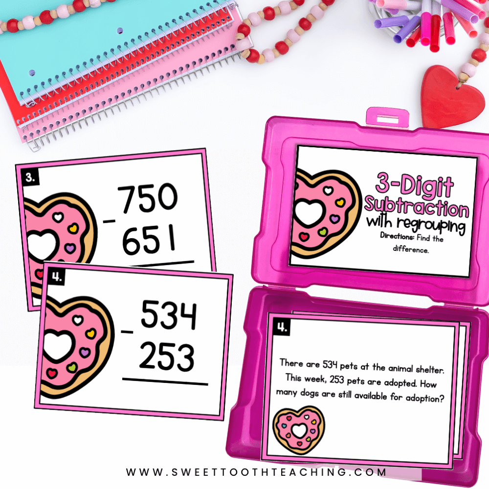 3-Digit subtraction with regrouping valentine's math task cards