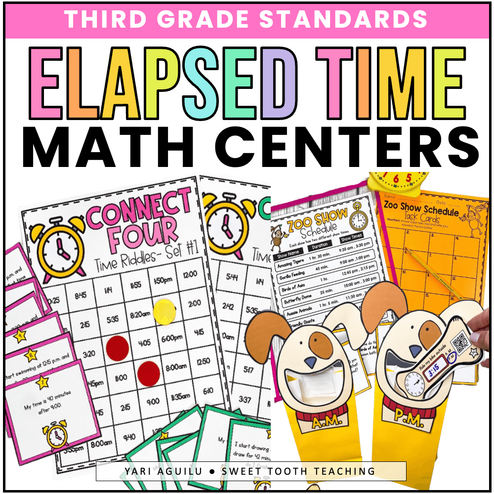 Hands-on math centers for teaching elapsed time, featuring engaging activities like Connect Four, zoo schedule task cards, and interactive AM/PM puppets aligned to third grade standards